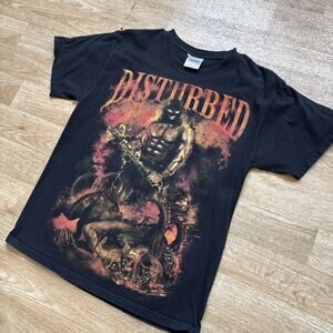Vintage Y2K Disturbed Band Album Music Skulls Guy Axe Flames Graphic Tee Shirt M